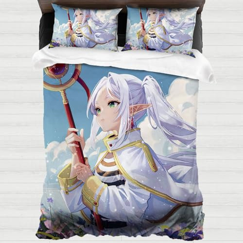 XYOK Frieren Anime Bettwäsche-Sets Kinder Fanartikel Bettwäsche 3teilig Mikrofaser Bettbezüge 2 Kissenbezüge,Geschenke 3D Drucken (Frieren1, Single 135x200)