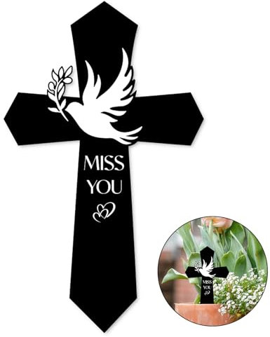 ORIGACH Miss You Acrylic Cross Grave Markers for Cemetery Memorial Plaque Waterproof Cemetery Memorial Stake for Outdoors Yard, Dove and Heart Pattern