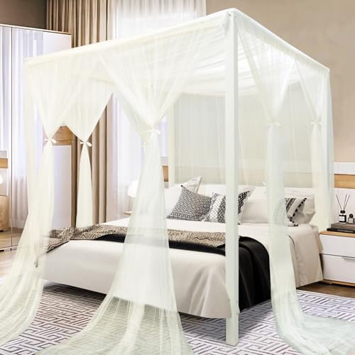South to East Beige Betthimmel-Vorhänge, 4 Ecke, Bettüberdachung, Elegante Bettvorhänge für Schlafzimmer-Dekor, 70D-Polyester-Netz, 4 Öffnungen, einfache Installation, Bettvorhang für
