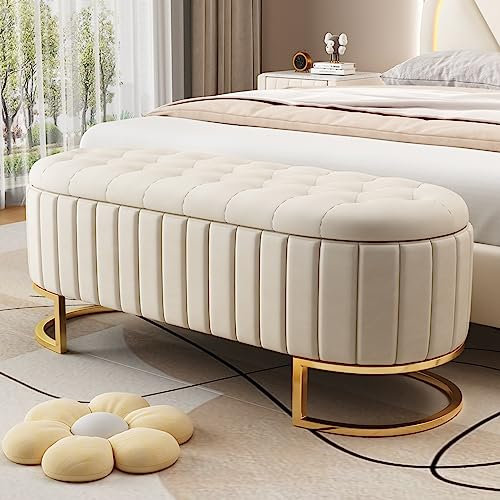 YESGIGA Stauraum-Schlafkoffer und Fußbank 120 x 40 cm, gepolsterte Fußbank mit Stauraum, Sofabank Bank, Samtstoff (Beige)