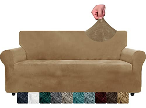 CHELZEN Velvet Extra Große Sofabezüge 4-Sitzer Dicke Stretch übergroße Sofabezüge für Hunde Haustiere rutschfeste XL Sofa Slipcover Waschbare Möbel Protektor (4 Sitzer, Kamel)