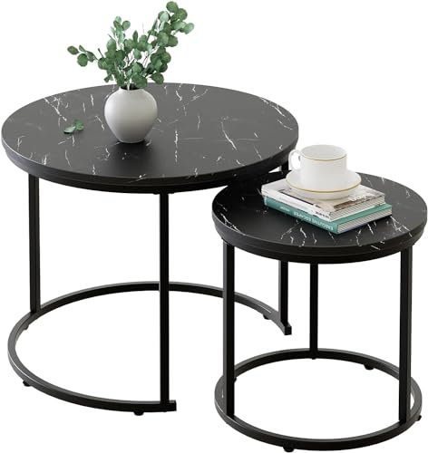 Huhote Round Coffee Tables, Set of 2 End Table, Nesting Tables, Side Table with Metal Frame for Living Room/Bedroom/Balcony/Office/Apartment, Diameter 23.6/15.7 IN (Black Frame, Black Marble Top)
