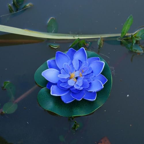 Künstliche schwimmende Lotusblume aus Schaumstoff mit Seerosen-Pad, künstliche Teichpflanzen, Ornamente, künstliche Lotusblume für Garten, Teich, Aquarium und Schwimmbad, Dekoration (blau)