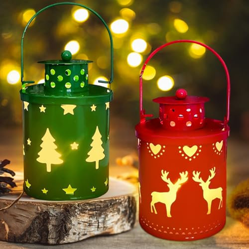 Weihnachtsdeko Laterne, 2 Stück Windlicht Tischdeko Weihnachten Deko Weihnachtslaterne mit Warmweißes LED Licht, Weihnachten Tischdeko Kerzen, Atmosphäre Lichter für Party Weihnachts innen Deko