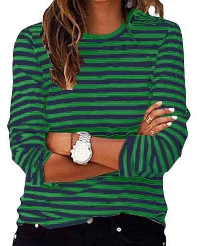 Tshirt Damen Gestreiftes Langarmshirt Basic Rundhals Langarm Pullover Gestreiftes Farbblock Shirt Long Sleeve Tunika Tops Leicht Locker Langarmshirts Oberteile Damen Sommer Baumwolle Longshirt