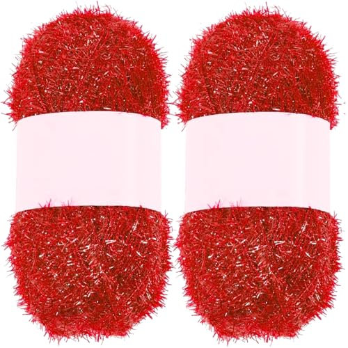 Pesoncarl Sparkle Yarn 2Pcs Quick-Dry Polyester Glitter Yarn for Dishcloths, Exfoliating Washcloths, Crochet & Knitting Supplies, Red