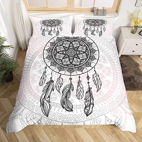 Homemissing Parure de lit Attrape-rêves Filles Mandala Housse de Couette Filles Plumes Housse de Couette bohème Fleurs literie 240x260cm Motif géométrique Exotique Parure de Lit Blanc Gris Rose