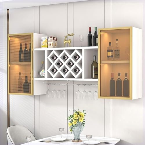 CVERTHAF Flaschenregal, einfaches, Umgedrehtes Weinglasregal mit LED-Licht, großes Bar-Glasregal, hängende Bar-Vitrine für Spirituosen, hölzernes Weinregal zur Wandmontage für den Heimgebrauch, Wohnz