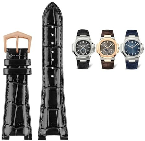 RORFFK Für Patek Philippe Echtleder-Uhrengürtel 5711 5712g Nautilus-Uhrenarmband, spezielle Schnittstelle, 25 mm x 13 mm, Herren-Uhrenarmbänder(A-black rose)