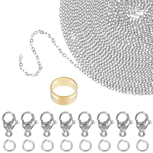 Tucnoeu 15m Gliederkette Silber, Edelstahlkette für DIY Schmuckherstellung, Gliederkette Meterware mit 100 Biegeringen und 30 Karabinerverschlüssen