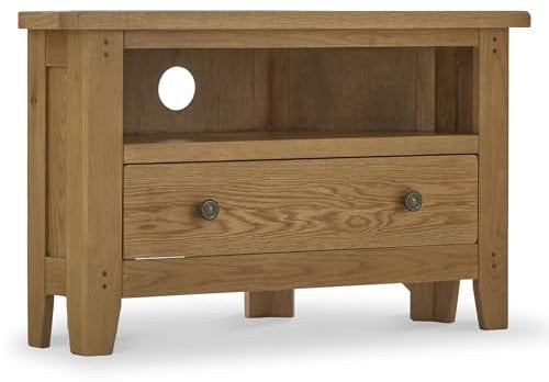 RoselandFurniture Broadway Oak Corner TV Unit | Traditional Country Rustic 90cm Wide Solid Wooden Television Cabinet with Storage for Media, Ready Assembled Living Room Furniture