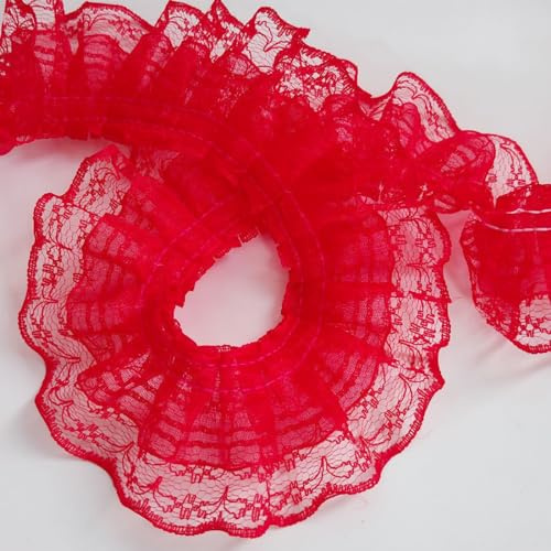 Anevous 3 Yards Plissee Spitzenband, Doppellagiges Spitzen Rüschenband, Spitzenbesatz Lace Trim Dekostoff, Rüschen Spitzenband für DIY Nähen Handwerk Kleidung Applikationen,Rot
