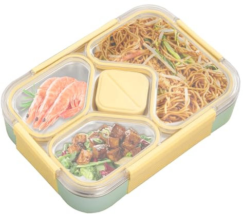 YUNYODA Thermo Brotdose, 304 Edelstahl Lunchbox mit 4 Fächern, Isolierte Auslaufsichere Bento Lunchbox Tragbar für Schule Kindergarten Büro (Gelb)