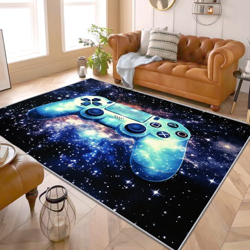 PaxGloz Gaming Teppich Jungen - Teppich Wohnzimmer Schlafzimmer Gamepad, Kleiner Teppich Gaming Controller, Weich Kurzflor & Waschbar & rutschfest Fussmatte Innen, Kinderteppich 60x90 cm