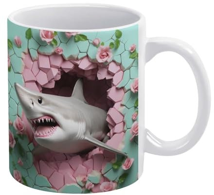 Ceramic Mugs 3D Shark Hole in A Wall, Personalised Tea Cups Funny Ceramic Cup for Coffee Friend Tea 330Ml