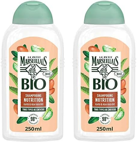 Le Petit Marseillais | Shampooing Nutrition Karité & Aloe Vera BIO (flacon de 240 ml) – Shampoing pour tous types de cheveux – 98% d'ingrédients d'origine naturelle, sans sulfate et sans silicone