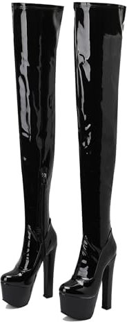 Ceciloroda Ultra-High Block Heel Hohe Stiefel Overknee Pole Dance Schuhe Plateau Dressy Stiefel Stripper Heels für Damen Exotic Lack Black Size 45