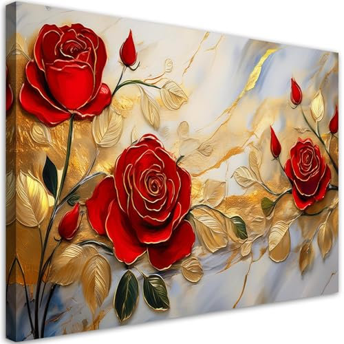 Feeby - Impression sur Toile - Chambre Salon - Roses Fleurs dorées Fond de marbre - 45x30 1partie - Tableau Mural Intissé - Peintures sur Toile pour la Maison - Modern canvas Pictures