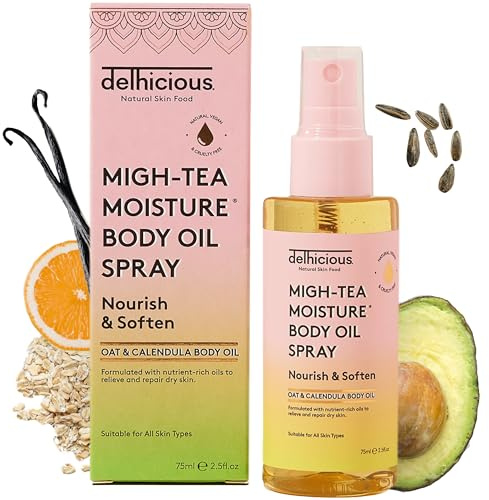 Delhicious Migh-Tea Moisture Body Oil Spray, 75ml | Lightweight Body Oil Spray with Oats, Avocado and Calendula for Dry, Dehydrated Skin, Hydration and Glow