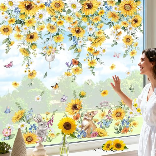 wondever Fensterbilder Sonnenblumen Hängende Ranken Blumen Fenstersticker | Wiederverwendbar, Doppelseitig Statisch PVC Fensterdeko, Fenster Vogelschutz, Frühling Deko für Glas Tür Wohnzimmer Küche
