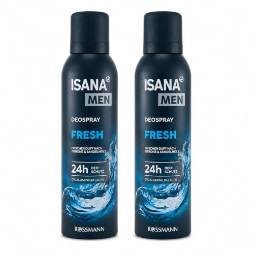 Deospray FRESH (2 x 200ml) | Doppel-Pack Deospray für Männer | 24h Schutz ohne Aluminium (ACH) | frischer Duft nach Zitrus & Zedernholz | Veganes Bodyspray ohne Mikroplastik ISANA MEN