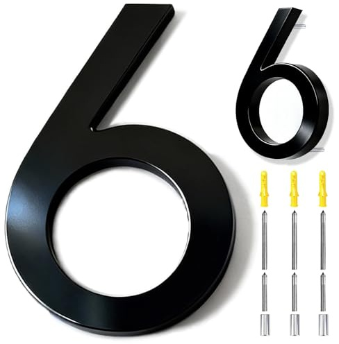 6 Inch House Numbers Black, 3D Floating Stainless Steel Address Door Number 6 with Nails Kit & Template, Zinc Alloy, Waterproof, Rust-resistant, Non-fading, for Home, Garage Gate, Street (6)
