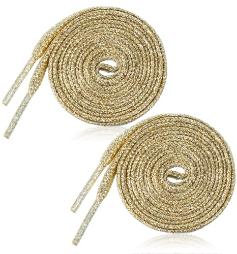 Lnngub Lot de 2 paires de lacets dorés à paillettes - 110 cm - Lacets plats métalliques - En polyester brillant - Lavables - Résistants à la déchirure - Pour baskets, chaussures de sport et chaussures