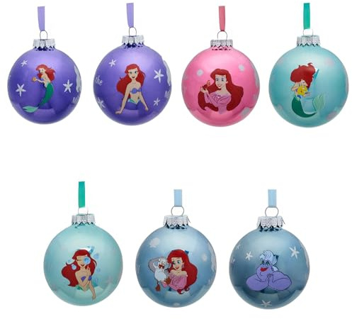 Disney Die kleine Meerjungfrau Christbaumkugeln, 7er Set, lebendige Farben, schimmerndes Finish, Arielle & Charaktere, 10,5 x 8 cm, Andenken-Geschenkbox