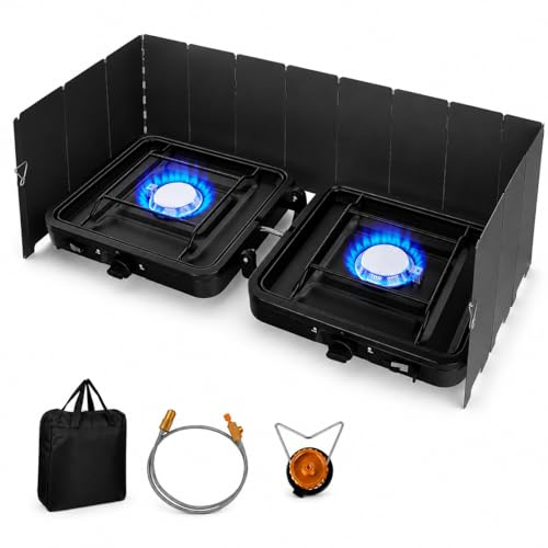 Portable 2 Burner Camping Stove with Windshield and Carrying Bag, 2200W X 2 Compact Stove Lightweight Outdoor-Design Double Camp gas Stoves for Camping, BBQ & Outdoor Cooking