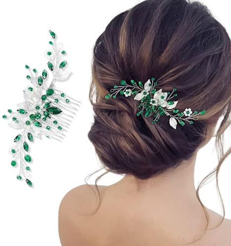 Peigne à Cheveux pour Mariée avec Fleurs et Perles, Cristal Vert Bijoux Cheveux, Accessoire Cheveux Mariage, Fleurs de Mariage Feuilles Vignes De Cheveux pour Femme et Fille