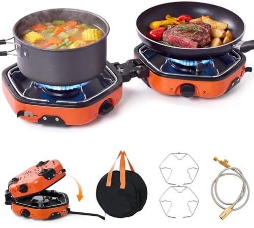 Warmiehomy Double Portable Camping Stove, Camping Stove Gas Portable with 17000 BTU, Piezo Ignition & Adjustable Burners, Foldable Camp Stoves for BBQ, Outdoor Cooking, Orange