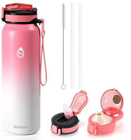 WEMEET Auslaufsichere Doppelwandig Trinkflasche 1L Edelstahl, Wasserflasche mit Klappdeckel, Spülmaschinenfest, Für Arbeit, Sport, Schule, Büro (Rosa Weiß)