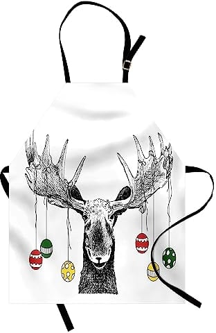 ABAKUHAUS, Weihnachten Kochschürze, Höhenverstellbar Waschbar Kein verblassen Klare Farben, REH Illustration mit Christbaumkugeln über den hörnern hängend, Mehrfarbig Weiß