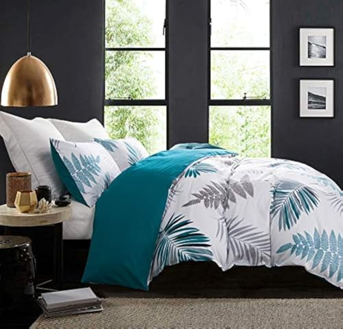 SLEEPBELLA Bettbezug-Set, Fadenzahl 600, Baumwolle, weißes Blatt, Blumenmuster, wendbar, King-Size-Bett, Pfauenblau-Blatt