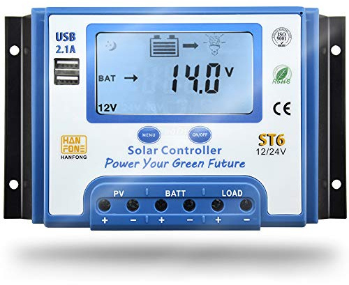 SolaMr 10A Solarladeregler 12V/24V Intelligenter Regler mit LCD-Display und doppeltem USB-Anschluss für Solarbatterien - ST6-10A
