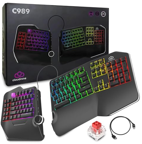 Cloud Nine C989 Ergonomische Mechanische Tastatur für PC - Cherry MX Red Switches - RGB Light Up LED Hintergrundbeleuchtung mit USB - Ergo Split Keyboard mit Makro