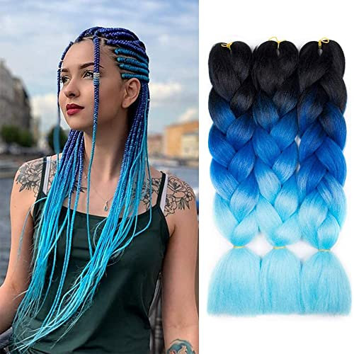 3packs Ombre Braiding Hair Extensions Kanekalon Jumbo Braiding Hair Extensions 24 Zoll Braiding Hair Synthetic Hair For Crochet Twist (Schwarz-Dunkelblau-Hellblau)