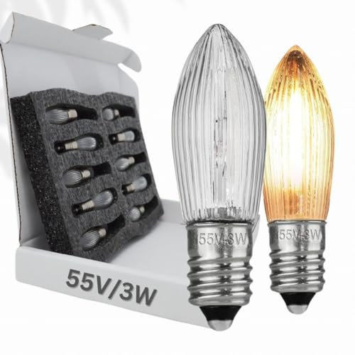 10x Glühbirne 'Berglämpl' E10 55V/3W Riffelkerze Spitzkerze Topkerze Glühlämpchen für Schwibbogen und Lichtbögen, Gelbglühend