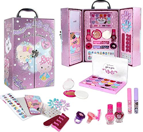 Xwin Kids Makeup Sets for Girls -27Pcs Vanity Case with Mirror, Eye Shadow, Lip Gloss, Nail Polish, Fake Nails, Rings etc., Washable Pretend Play Cosmetics Box for Girls Ages 5+ Years