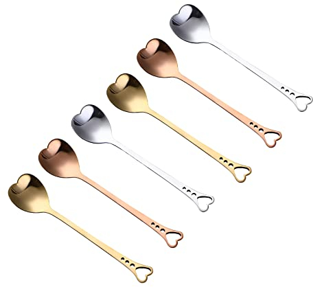 6 Pièces Cuillères en Forme de Cœur, Cuillères à Café en Acier Inoxydable, Cuillères à Café en Or, Pour Café, Cubes de Sucre, Crème Glacée, Gâteau(14.3cm)