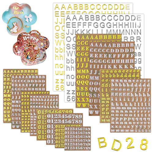 14 Blätter Buchstaben Harz Aufkleber, Kalolary Silber Gold Zahlen Aufkleber selbstklebende Mini Epoxy Aufkleber dekorative Legierungs Wörter Rechtschreibaufkleber Scrapbook Basteln Dekorationszubehör