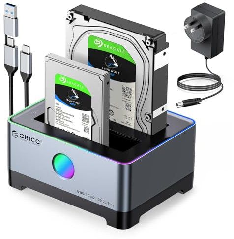 ORICO RGB USB 3.1 to SATA Hard Drive Docking Station Aluminum Alloy External Drive Dock for 2.5/ 3.5 Inch HDDs and SSDs Include 10Gbps Data Transfer Type C and Type A Cable Support 36TB-5528C3
