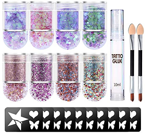 Face Body Cosmetic Glitter, 8 Color Chunky Glitter, Face Glitter Festival with Glue for Body, Cheeks, Hair, Stage, Halloween, Party, Makeup with Tattoo Gel Set (Includes Tattoo Glue and Brush)