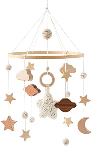 GLITZFAS Babybett Mobile Baby Windspiel, Mobile Baby Holz mit Filzbällen und Wolken Ornament Kinderzimmer Hängende Bettglocke Geschenk für Baby Mädchen oder Jungen, Rassel Spielzeug (Beige B)