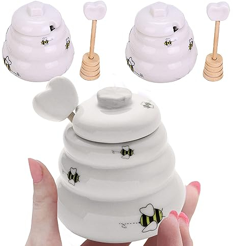 Sonwaha 2 pcs Pot de Miel Pot à Miel Ceramique,Pot de Miel Avec Cuillere en Bois Pot de Miel Vide Honey Pot pour la cuisine