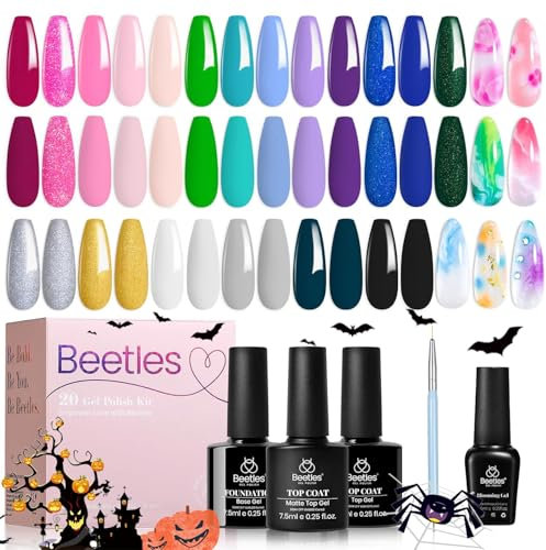 beetles Gel Polish 20 Colors Gel Nail Kit with 3Pcs Gel Base and Top Coat Glossy Matte Gel 19Pcs Gel Art Polish & 1Pcs Blooming Gel for Nail Art Design Manicure Gift for Girls Women…