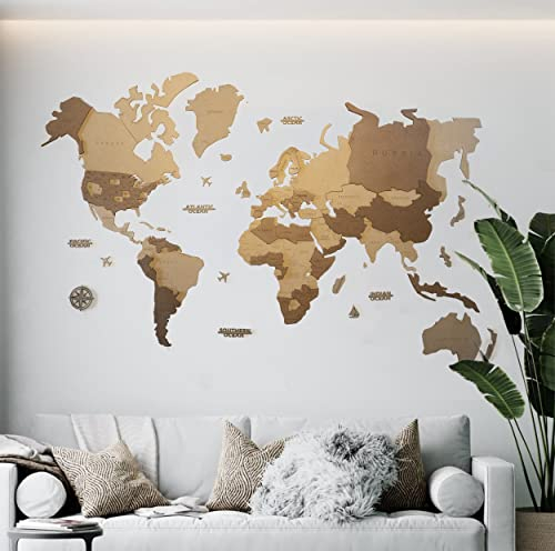 MISS MAPS Mapamundi de madera 3D grande para pared. Mapa para marcar viajes y decoración para viajeros. Multicapa de madera prensada nombres grabados (150x90cm, Bicolor)