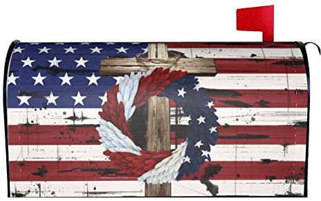 Kawani Patriotic American Flag Wreath Cross Mailbox Covers Magnetic Stars Stripes 4th of July Memorial Day Decorative Mailboxes Letter Box Cover 18x21 in for Outdoor Garden Yard Home Decor Outside
