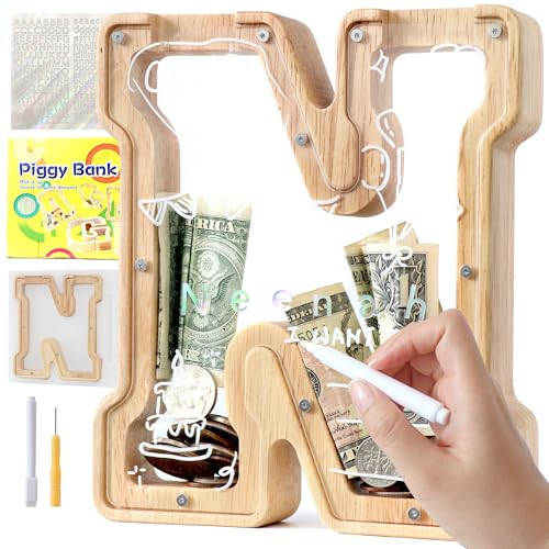 Lakpopya Spardose Kinder Buchstaben aus Holz für A-Z Personalisiert Sparschwein Durchsichtig Alphabet Sparbox, Geschenk Dekoration Taufe für Jungen Mädchen (N)