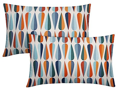 Mid-Century Lendenkissenbezüge, 30,5 x 50,8 cm, in blau-orange, Tropfenformen, rechteckig, modern, Retro, Baumwollleinen, Dekokissen, 2er-Set, Heimdekoration für Wohnzimmer, Couch, Kissen, Veranda,